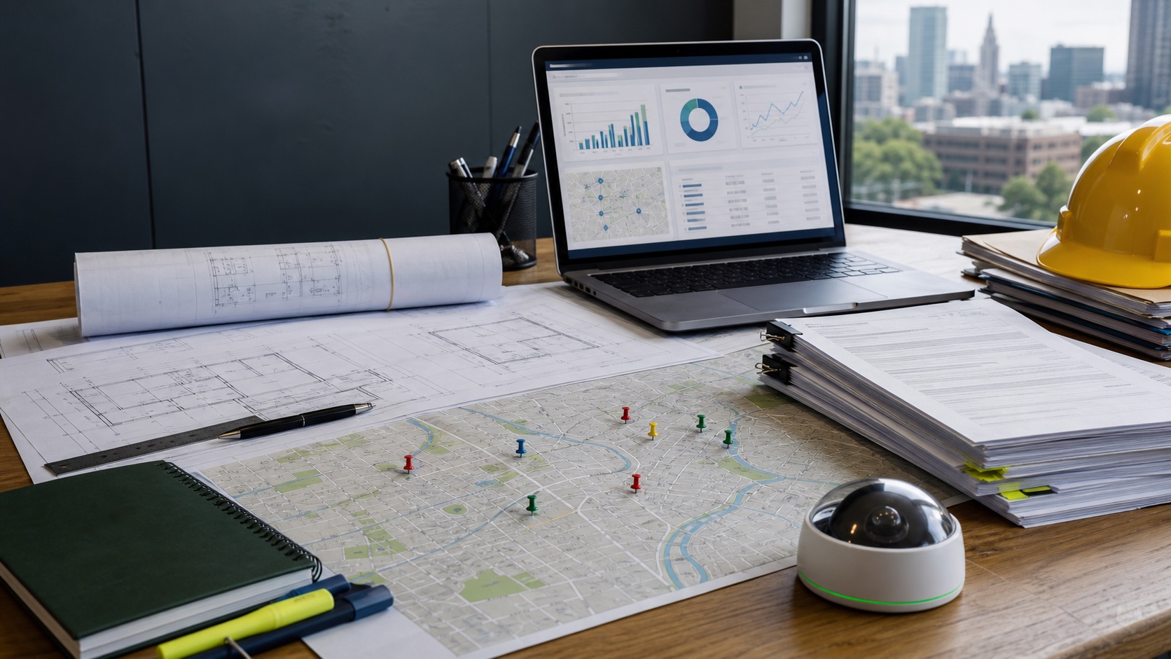 Construction plans, public-record packets, a map, and a laptop arranged on a work surface.